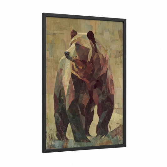 Geometric Grizzly framed grizzly bear print — black wood frame — maroon and gold palette