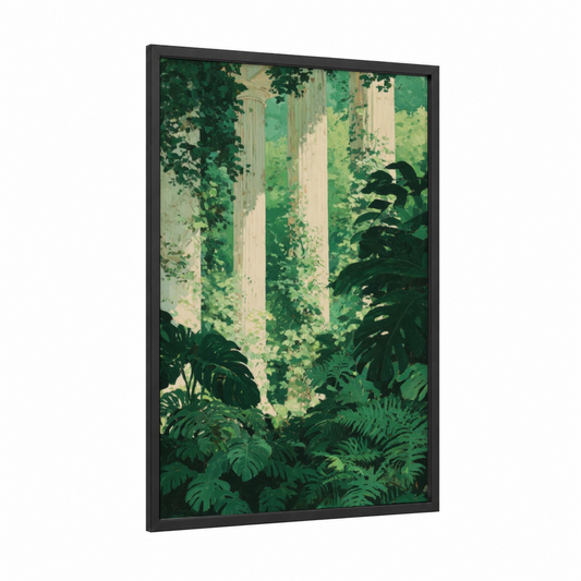 Jungle Columns framed art print — black wood frame — green and cream palette