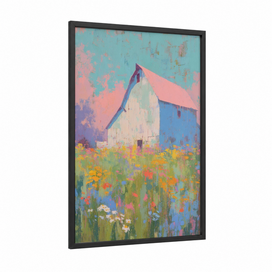 Wildflower Barn framed art print — black wood frame — pink and turquoise palette