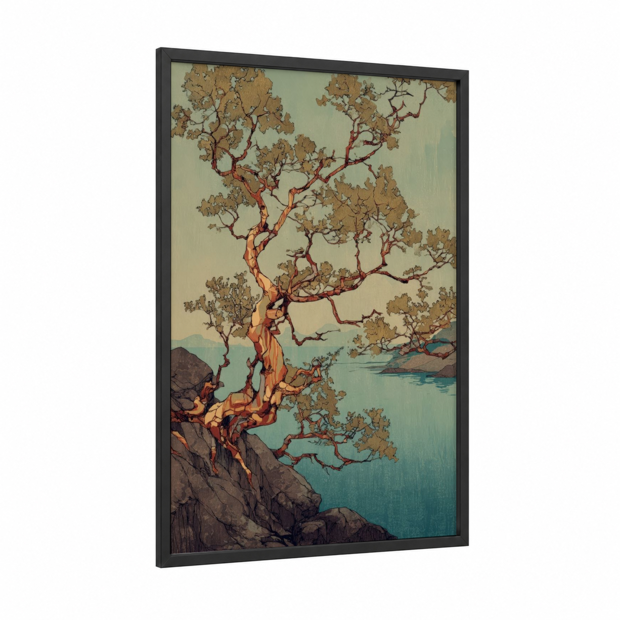 Coastal Arbutus framed arbutus tree print — black wood frame — gold and teal palette