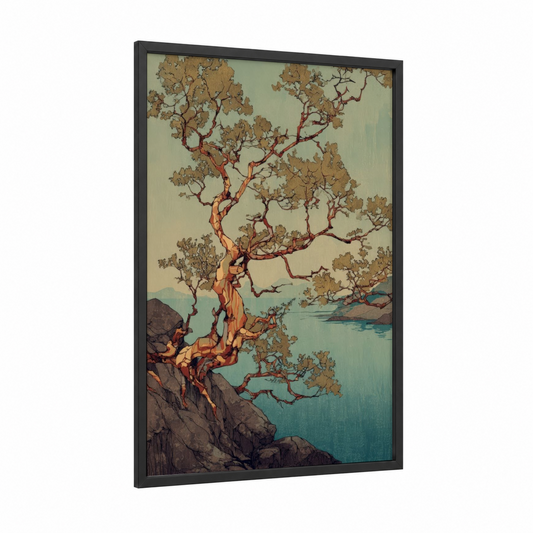 Coastal Arbutus framed arbutus tree print — black wood frame — gold and teal palette