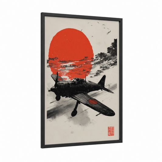 Crimson Sunset Warbird framed vintage airplane print — black wood frame — red and black and white palette
