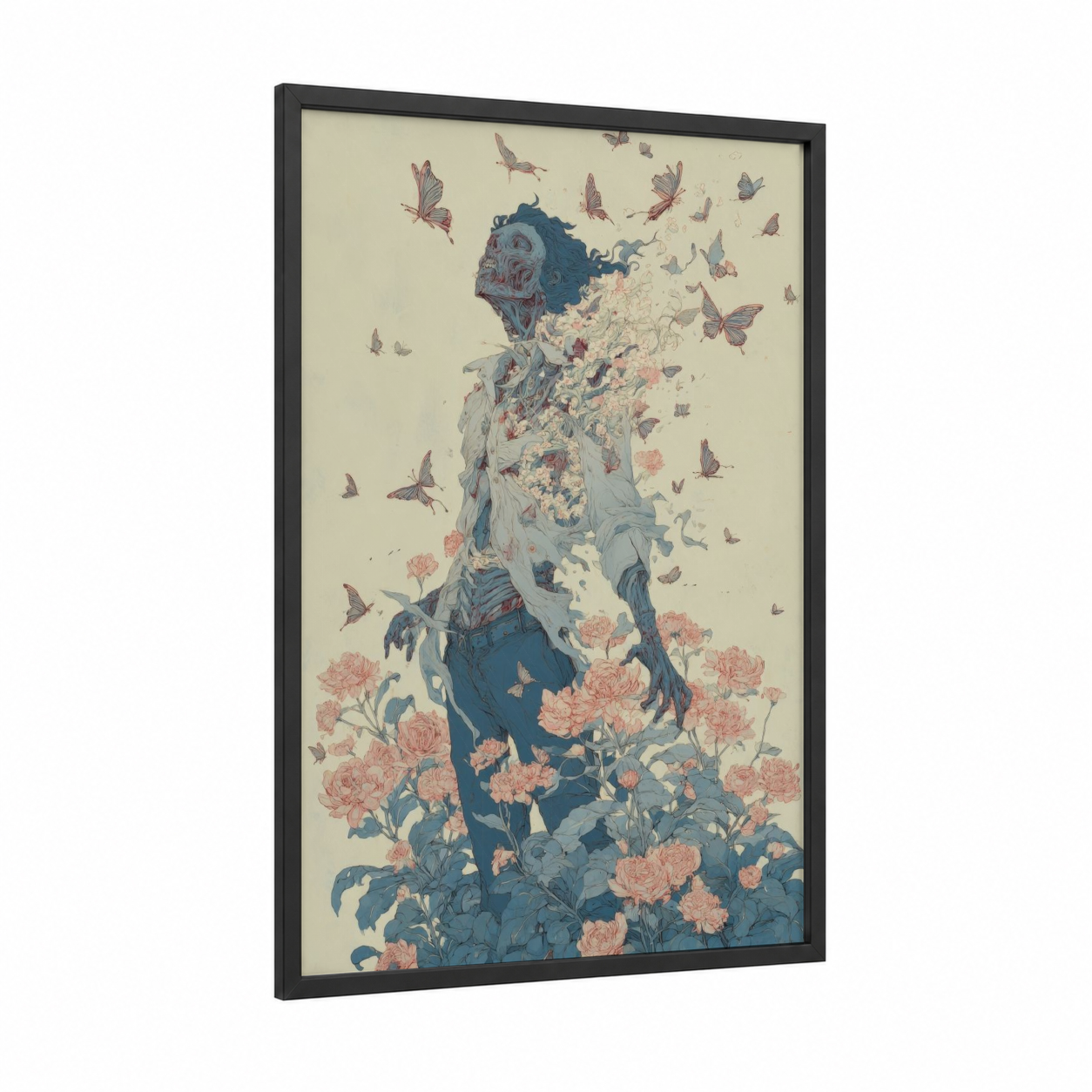 Floral Zombie framed art print — black wood frame — cream and blue palette