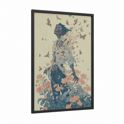 Floral Zombie framed art print — black wood frame — cream and blue palette