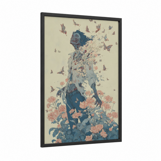 Floral Zombie framed art print — black wood frame — cream and blue palette