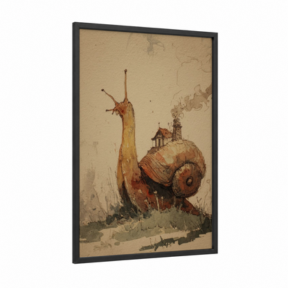 Steampunk Snail framed art print — black wood frame — russet and cream palette