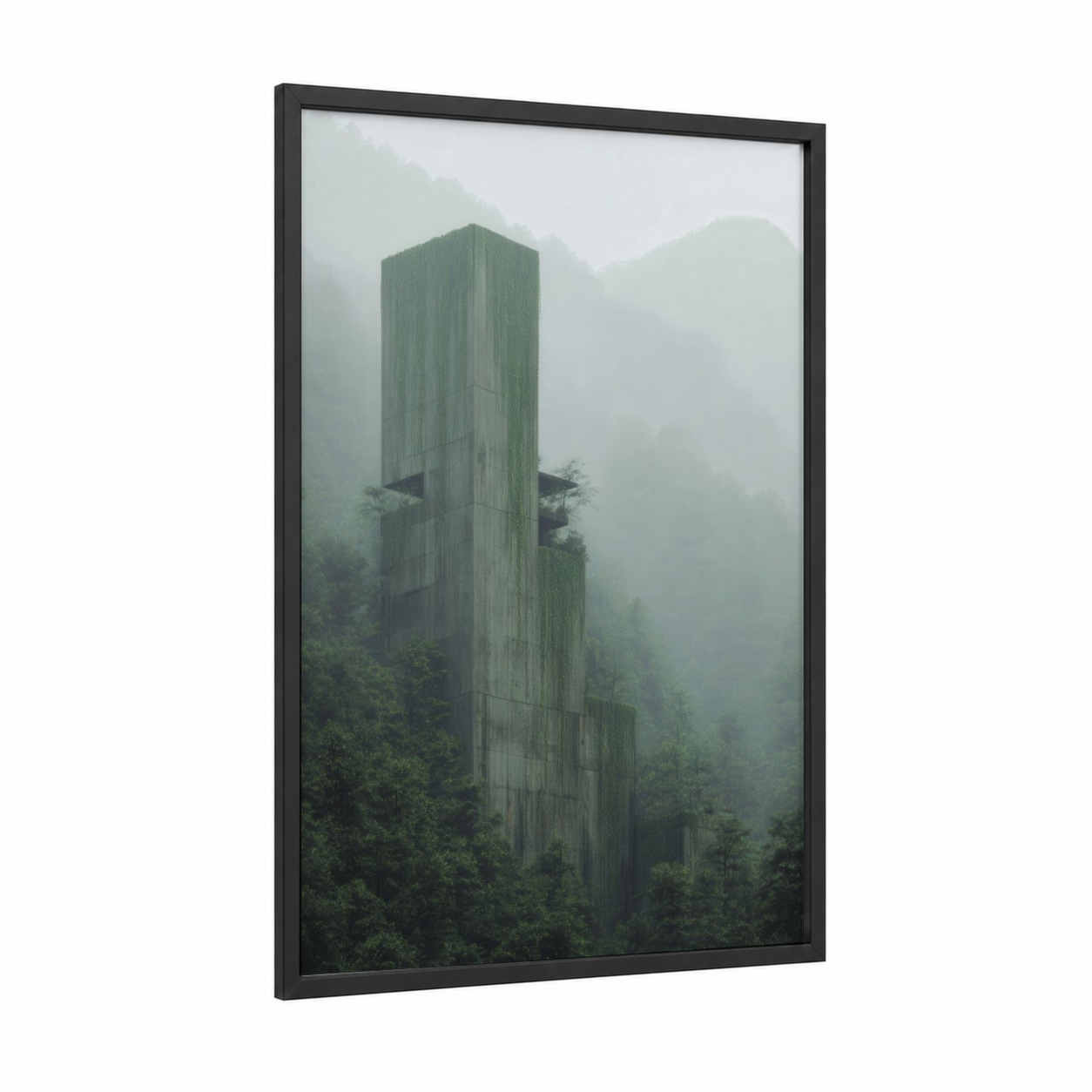 Misty Tower Forest framed towers print — black wood frame — gray and light green palette