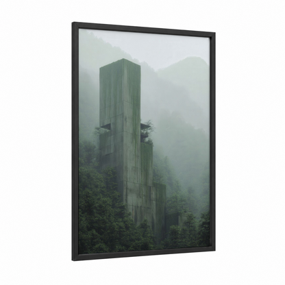 Misty Tower Forest framed towers print — black wood frame — gray and light green palette
