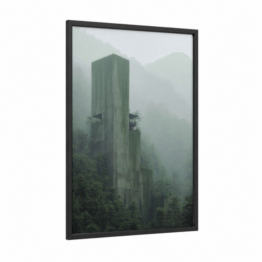 Misty Tower Forest framed towers print — black wood frame — gray and light green palette