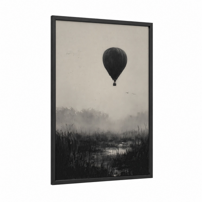 Misty Ascent framed hot air baloon print — black wood frame — black and white and dove gray palette
