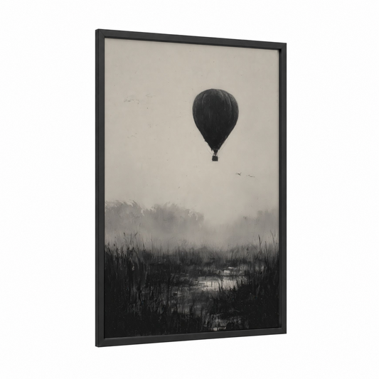 Misty Ascent framed hot air baloon print — black wood frame — black and white and dove gray palette