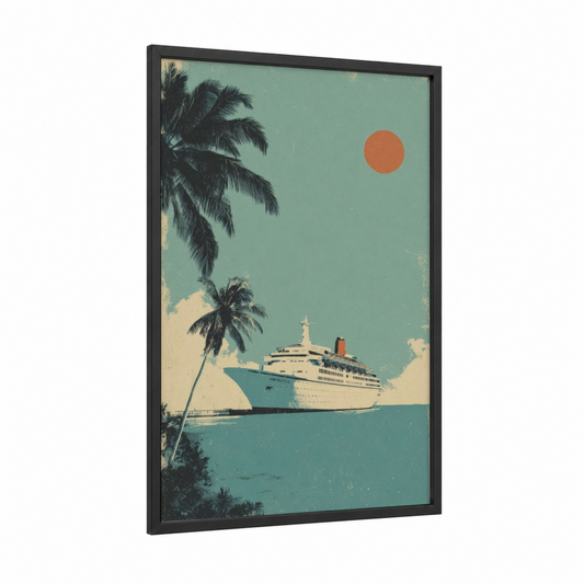 Tropical Cruise Paradise framed cruise ship print — black wood frame — teal and salmon pink palette