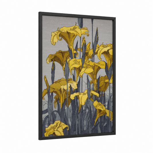 Golden Amarillys framed art print — black wood frame — yellow gold and gray palette