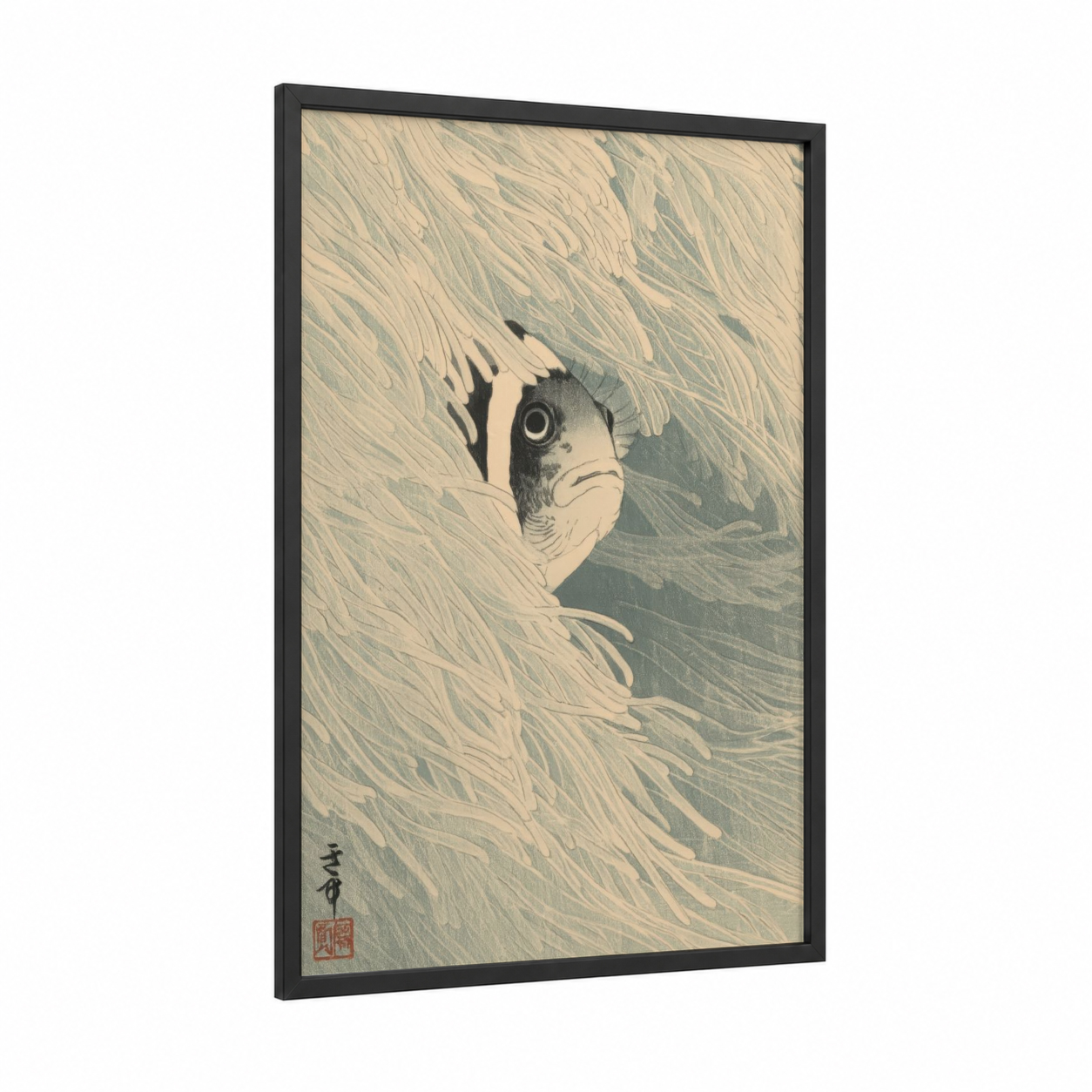 Striped Fish Hiding framed clown fish print — black wood frame — beige and sage green palette