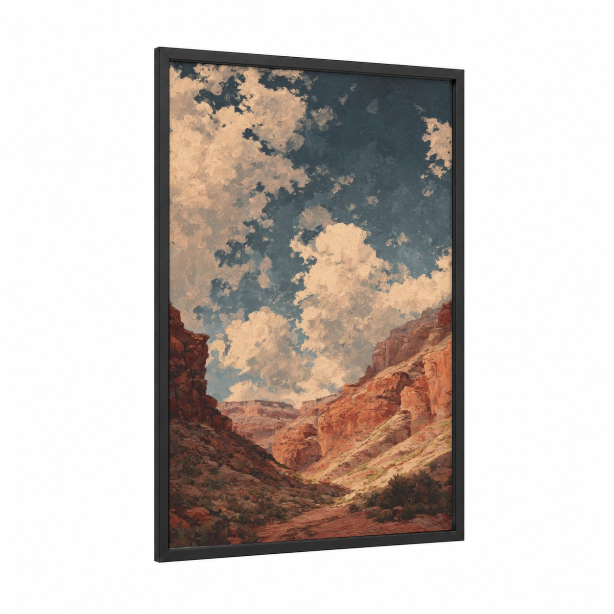 Desert Canyon Sky framed art print — black wood frame — russet and blue palette