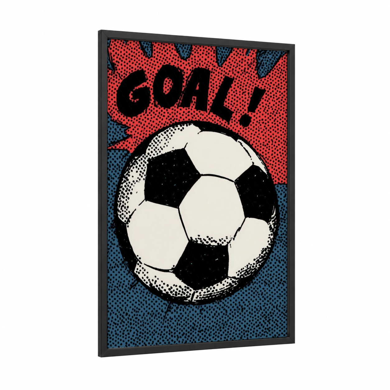 Pop Art Goal framed soccer print — black wood frame — red and black and white palette