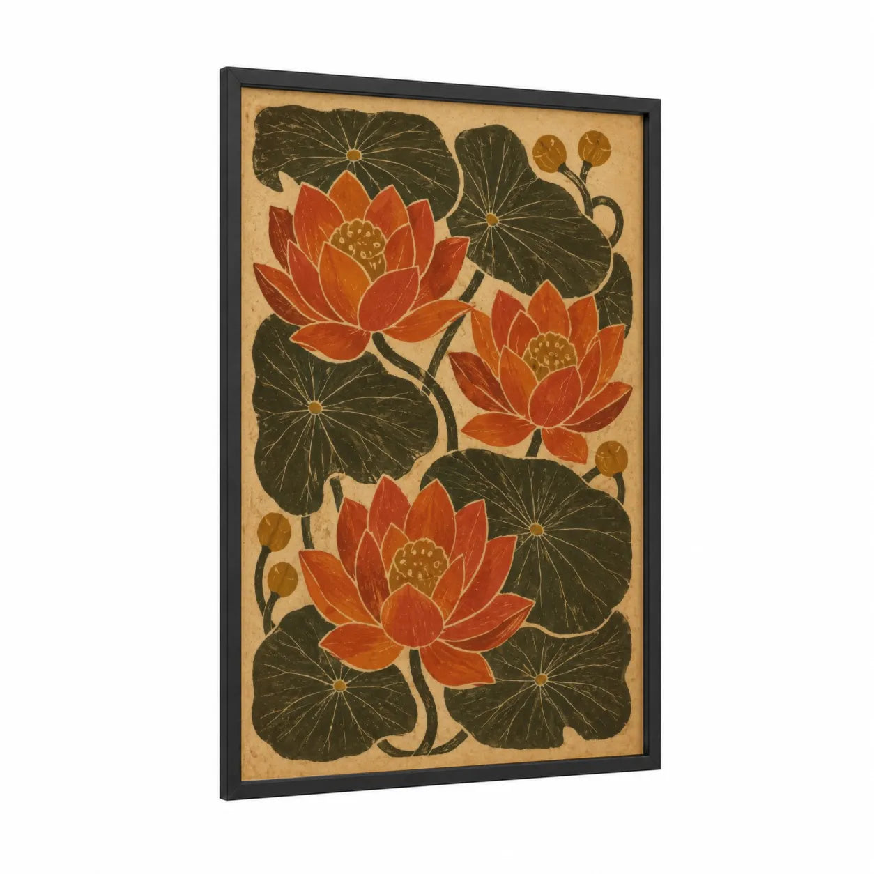 Lotus Flowers Japanese Botanical Wall Art framed art print — black wood frame — orange and beige palette