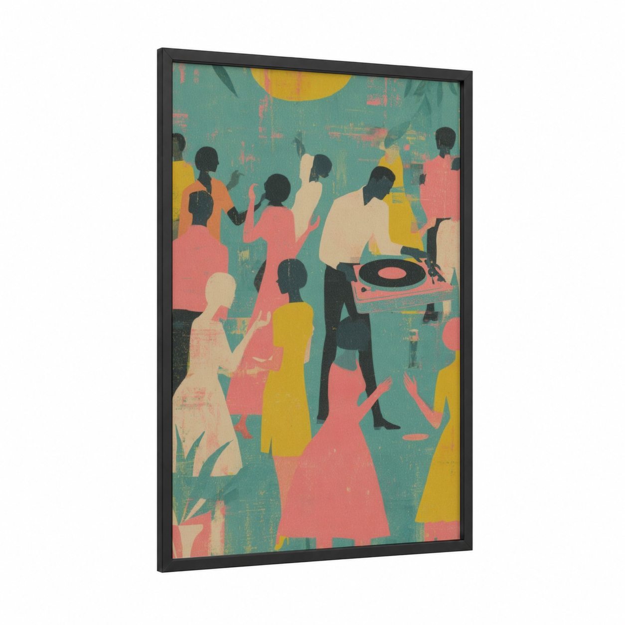 Retro Dance Party framed retro pop print — black wood frame — yellow gold and salmon pink palette