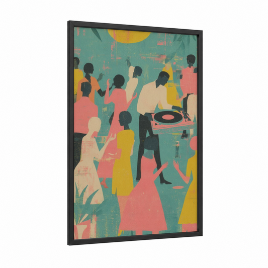 Retro Dance Party framed retro pop print — black wood frame — yellow gold and salmon pink palette