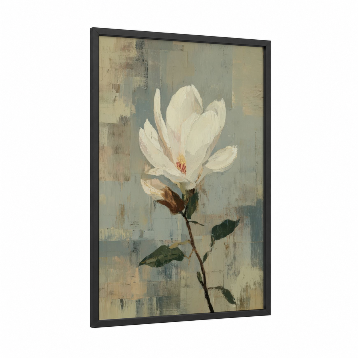 Creamy Magnolia Bloom framed art print — black wood frame — cream and sage green palette