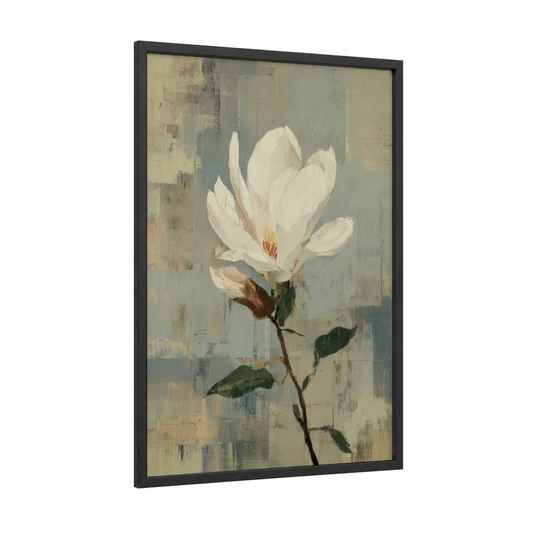 Creamy Magnolia Bloom framed art print — black wood frame — cream and sage green palette