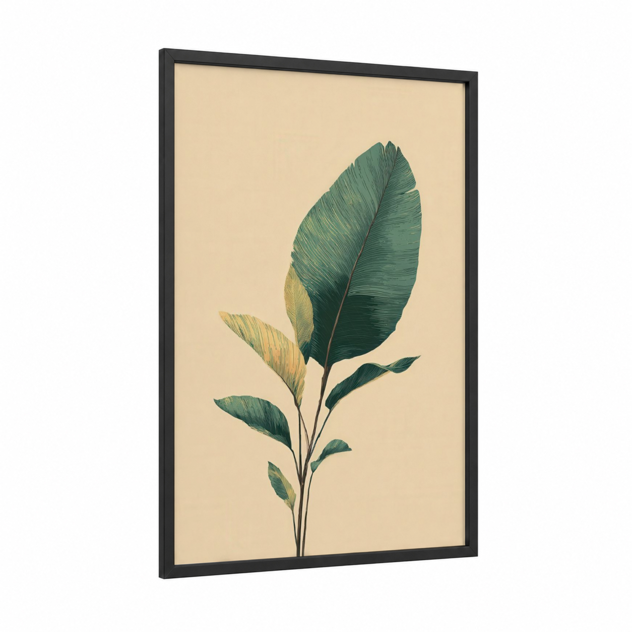 Tropical Foliage Study framed tropical trees print — black wood frame — true green and cream palette