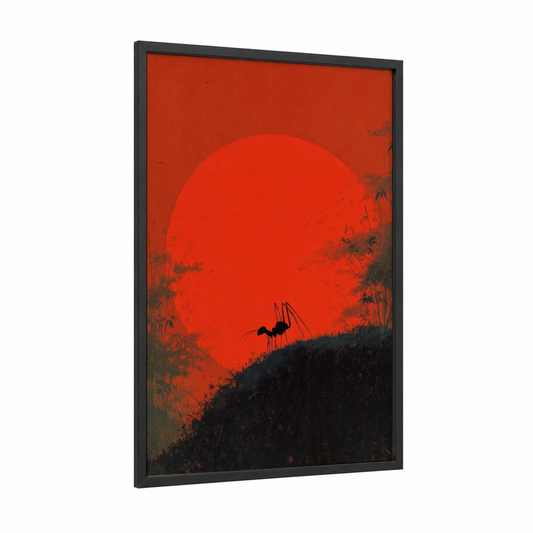 Crimson Ant Sunset framed art print — black wood frame — red and black and red palette