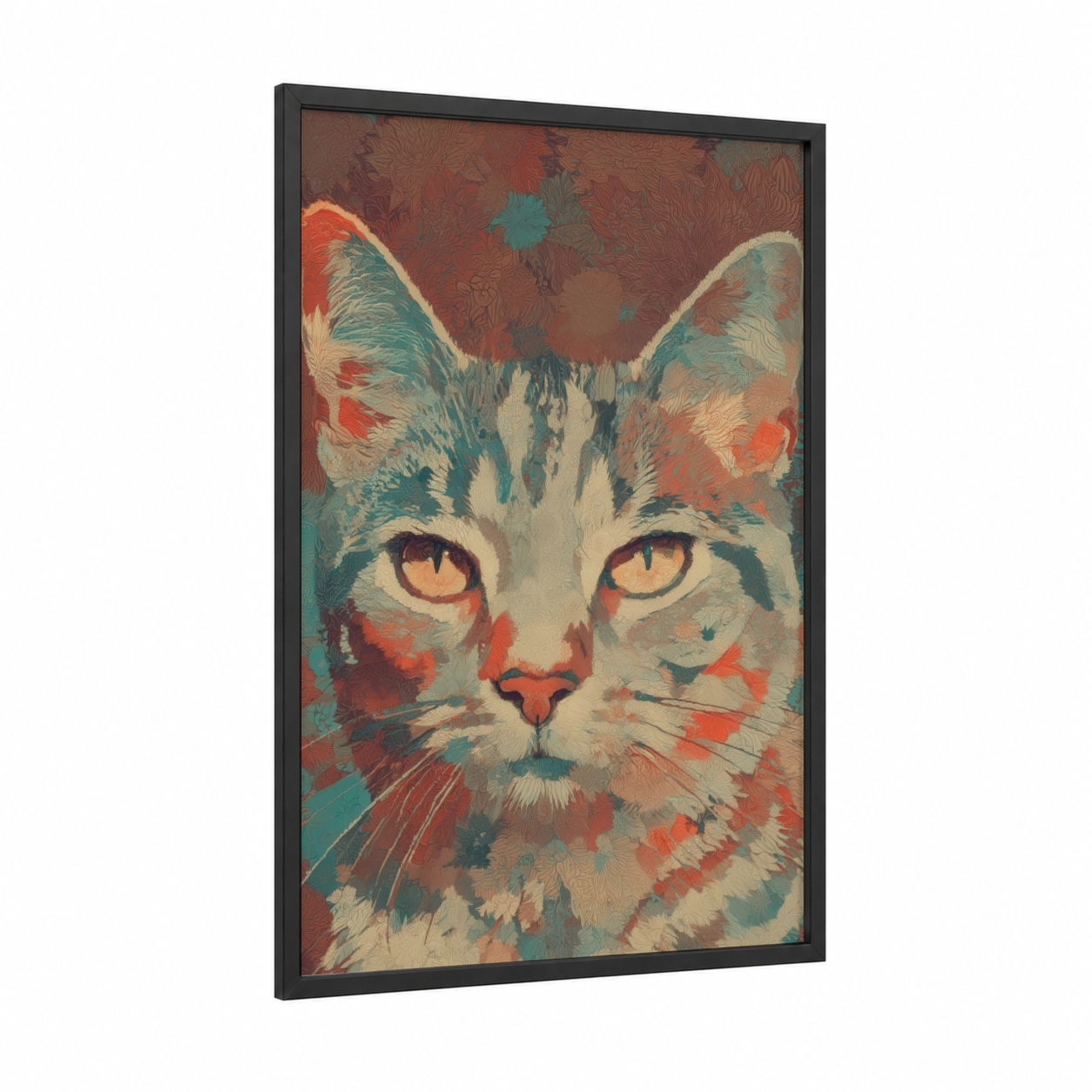 Golden-Eyed Cat framed art print — black wood frame — teal and red palette