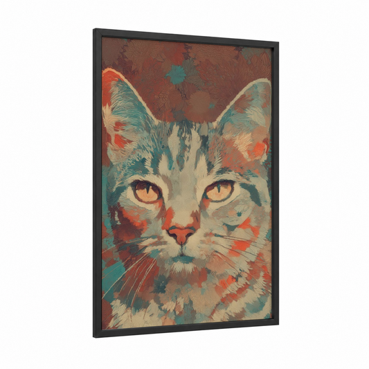 Golden-Eyed Cat framed art print — black wood frame — teal and red palette