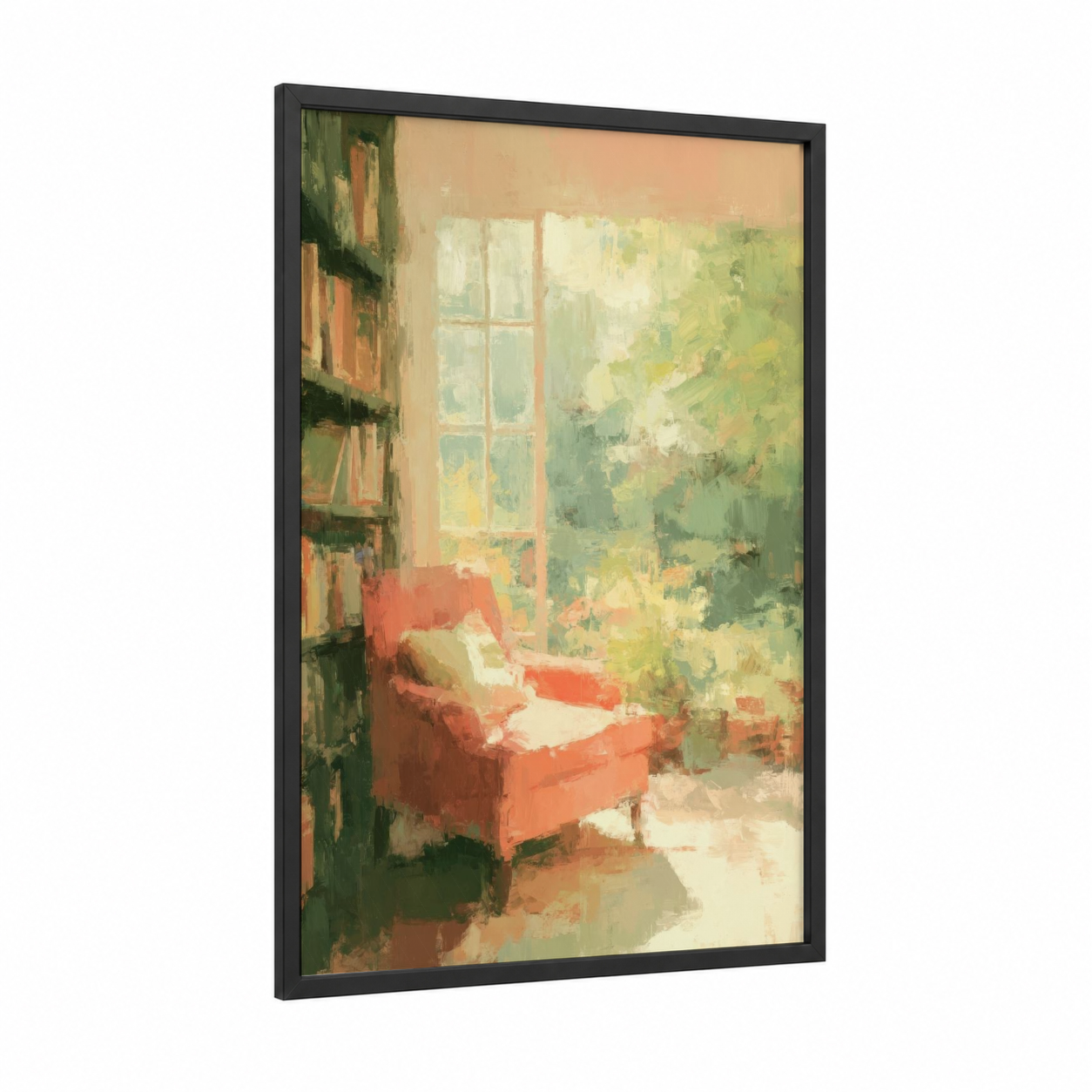 Sunlit Library Corner framed art print — black wood frame — peach and light green palette