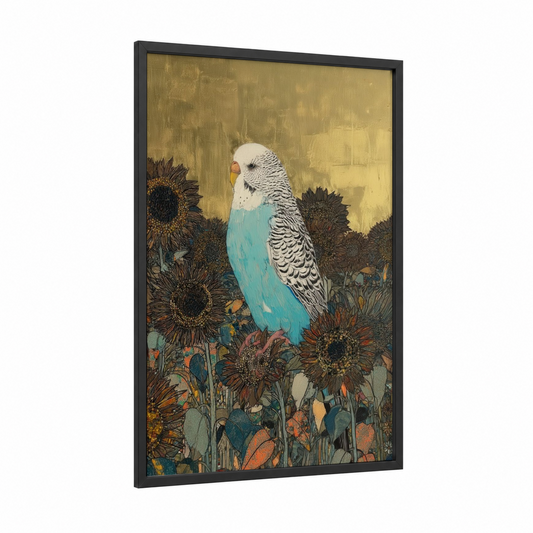 Turquoise Budgie Sunflowers framed budgeridar print — black wood frame — gold and teal palette
