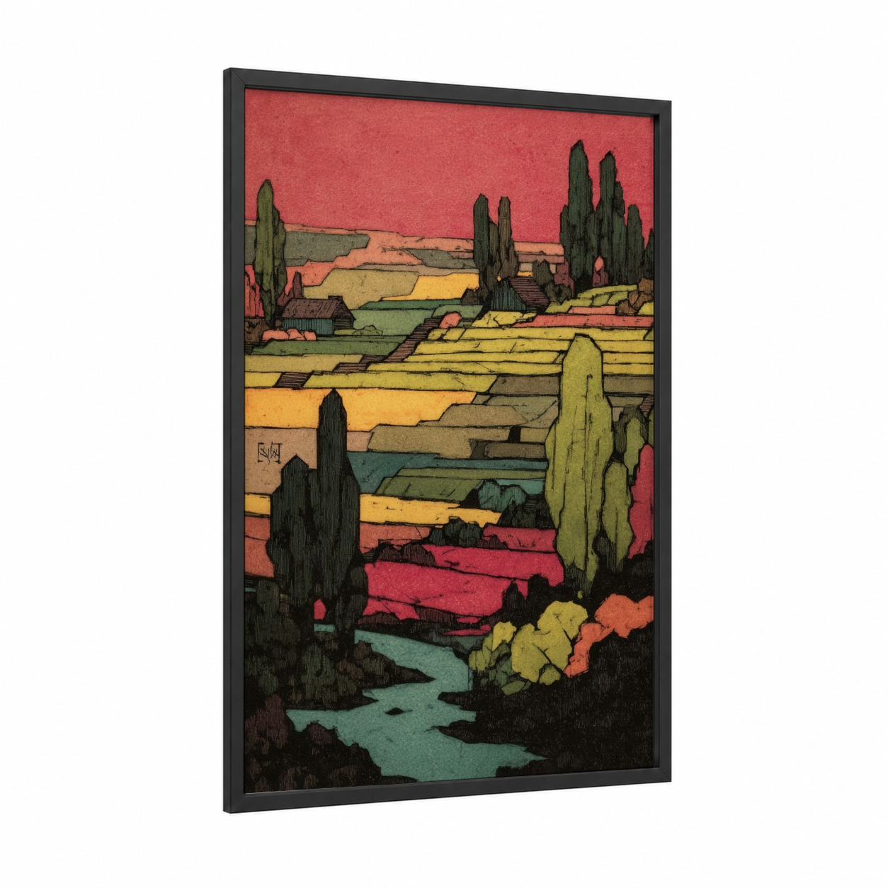 Tuscan Vineyard Sunset framed vineyards print — black wood frame — red and gold palette