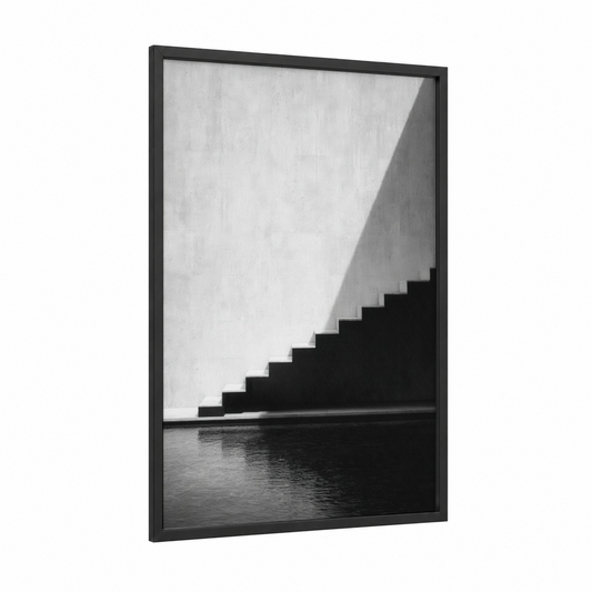 Minimalist Staircase framed art print — black wood frame — black and white and gray palette