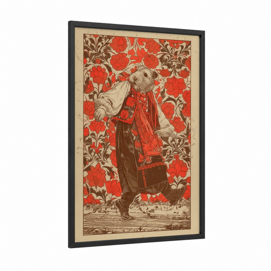 Festive Hamster framed art print — black wood frame — red and cream palette