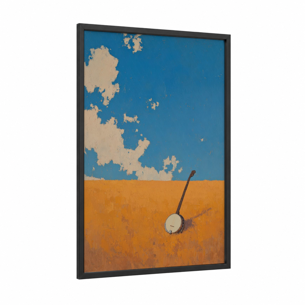 Desert Banjo framed art print — black wood frame — blue and orange palette