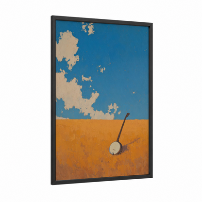 Desert Banjo framed art print — black wood frame — blue and orange palette