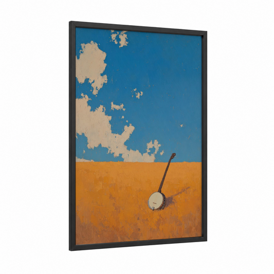 Desert Banjo framed art print — black wood frame — blue and orange palette