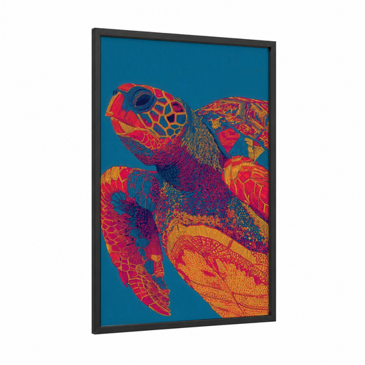Vibrant Sea Turtle framed art print — black wood frame — red and blue palette