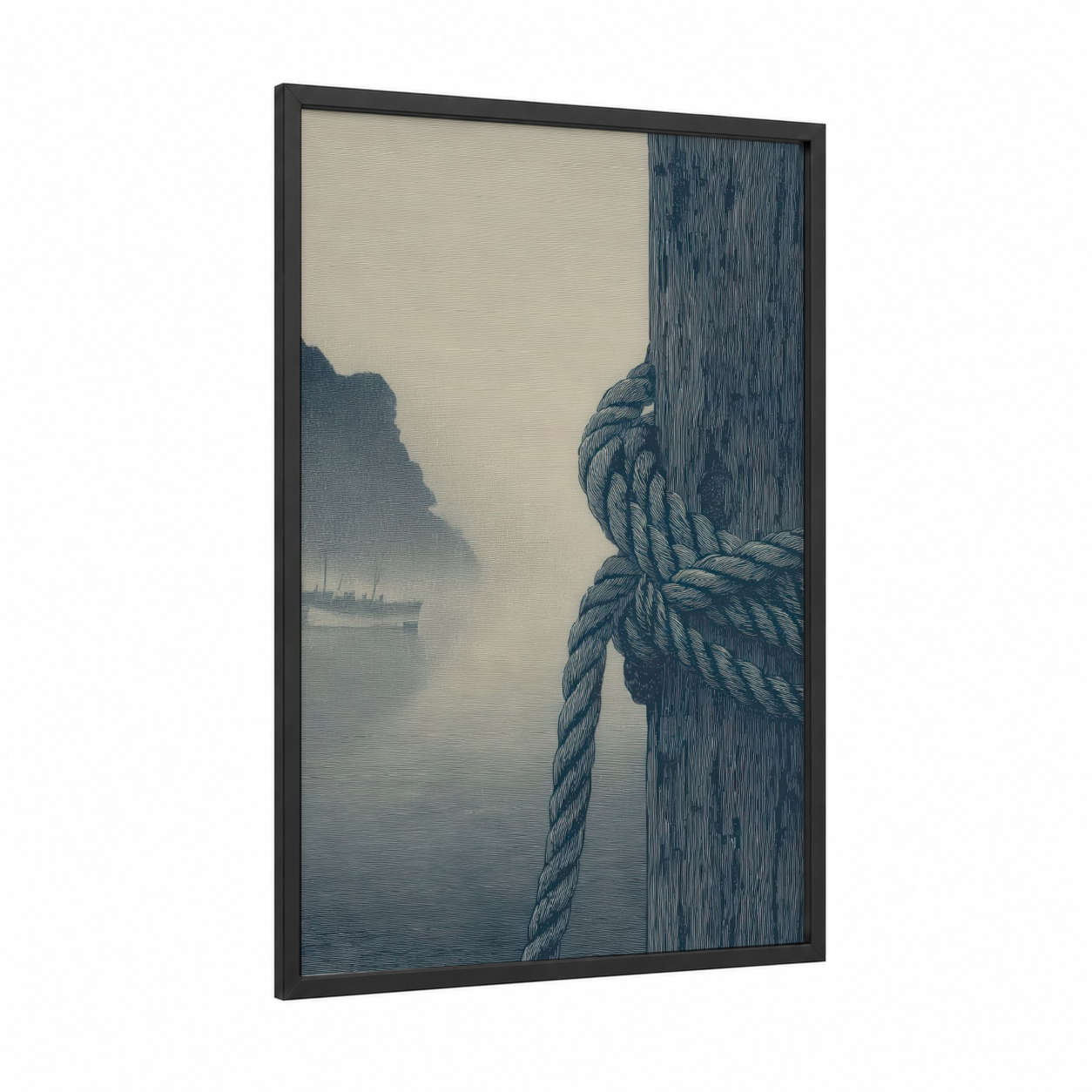 Misty Harbor Knot framed rope knots print — black wood frame — blue and white and gray palette