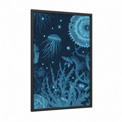 Bioluminescent Abyss framed extraterrestrial print — black wood frame — blue and teal palette