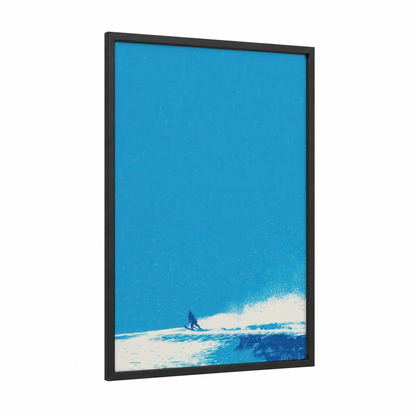 Blue Wave Skier framed water skiing print — black wood frame — blue and white palette
