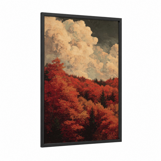 Crimson Autumn Forest framed maple forest print — black wood frame — red and gold palette