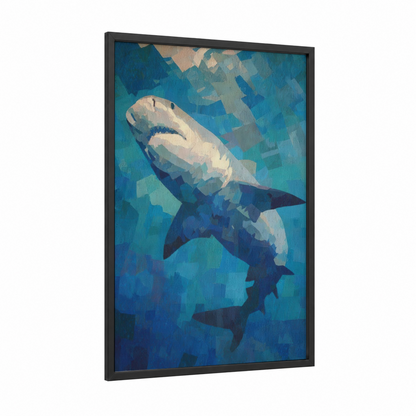 Deep Blue Shark framed bull shark print — black wood frame — blue and white palette