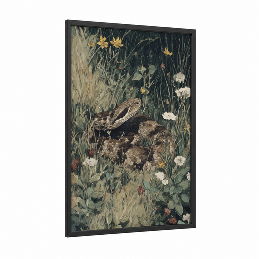 Meadow Viper framed art print — black wood frame — dark green and gold palette
