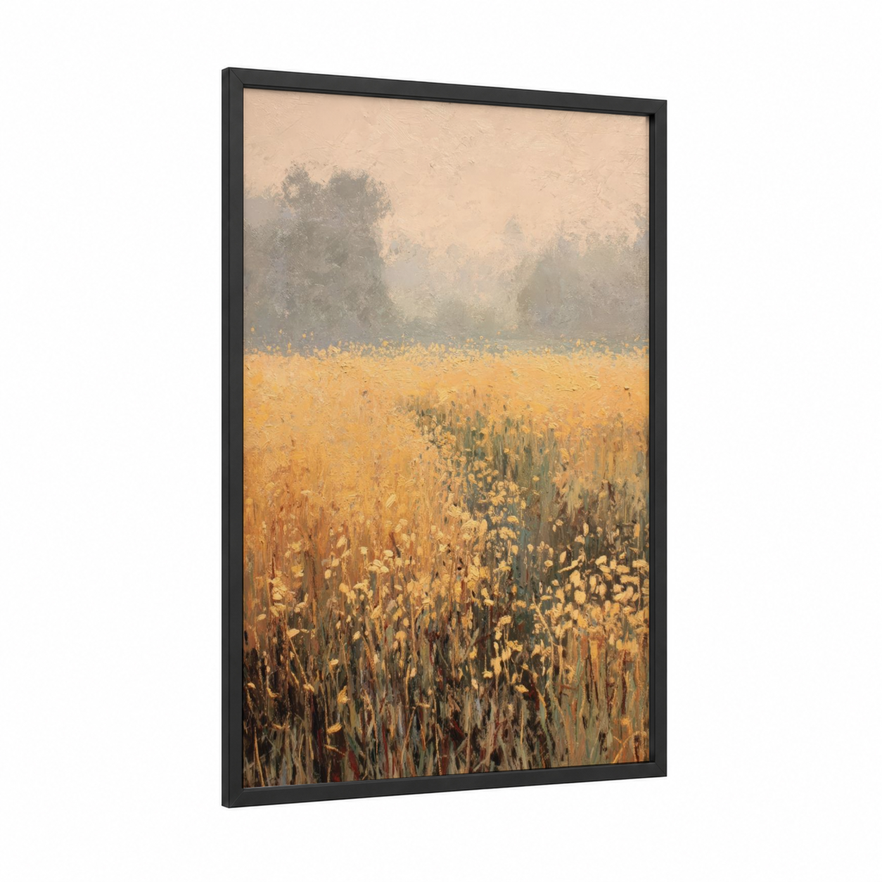 Misty Grain Field framed art print — black wood frame — gold and dove gray palette