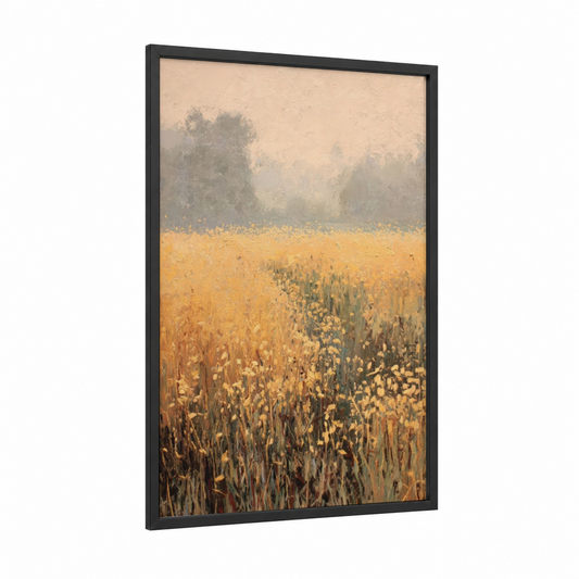 Misty Grain Field framed art print — black wood frame — gold and dove gray palette