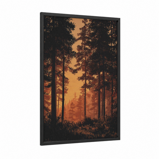Golden Cedar Forest framed art print — black wood frame — gold and black palette