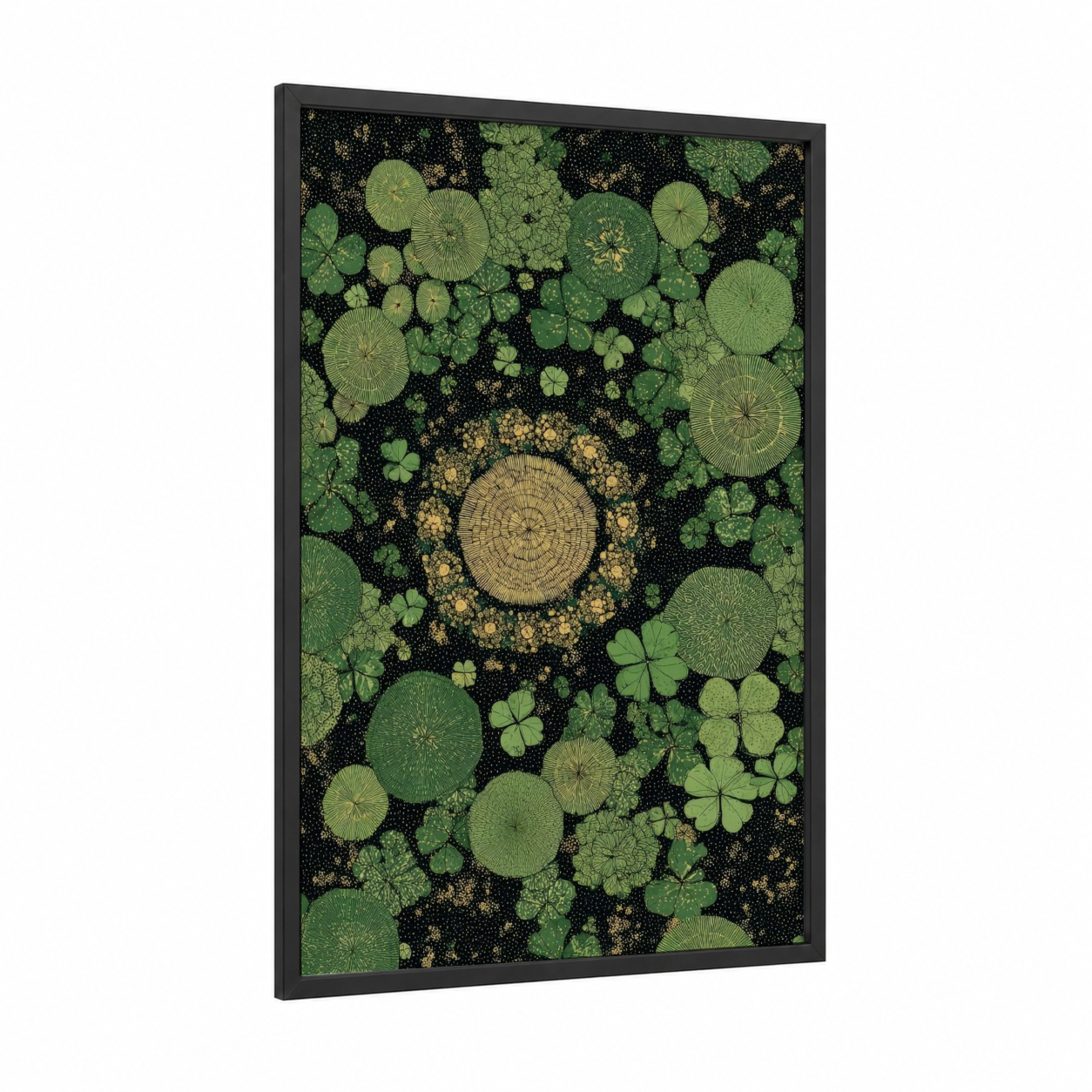 Golden Clover Mandala framed st. patrick's day print — black wood frame — green and gold palette
