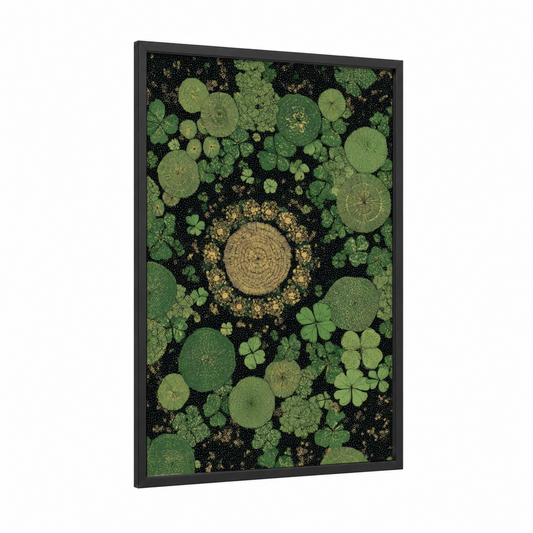 Golden Clover Mandala framed st. patrick's day print — black wood frame — green and gold palette