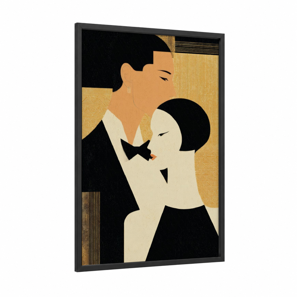 Golden Romance Couple framed groom and bride print — black wood frame — gold and black and white palette